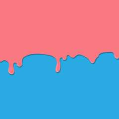 Pink paint or other liquid flows down or drips on a turquoise vector background in pastel colors. For your cartoon style design.
