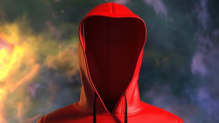 Anonymous hacker with red hoodie in shadow under space sky spot lighting background. Dangerous criminal concept image. 3D CG. 3D illustration. 3D high quality rendering.