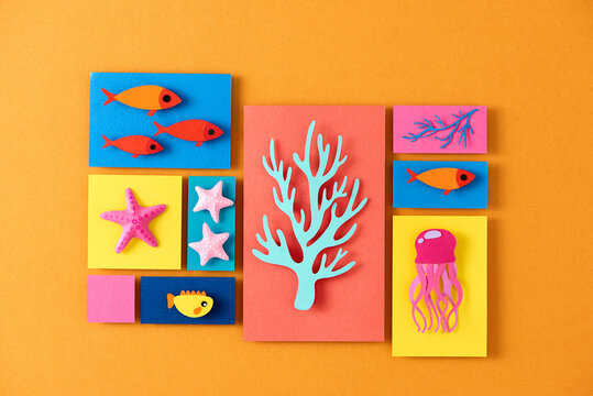 Collage with underwater marine life frame - Paper cut concept