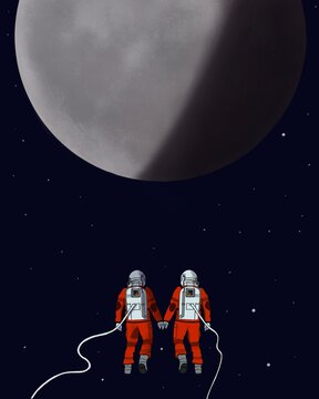 Couple of cosmonauts flying towards planet