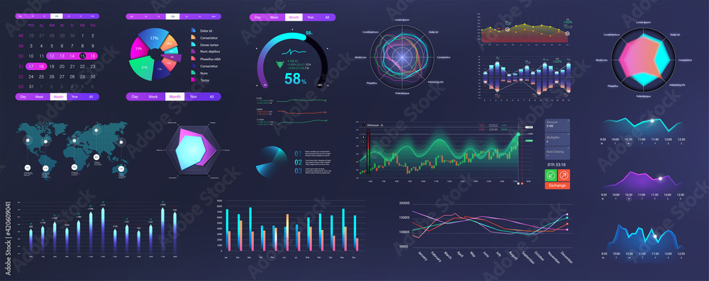 Poster Modern Neon UI, UX and KIT elements interface with charts, graphics and infographics. Network management data screen with charts and diagrams HUD. Modern UI with Neon colors. Vector graphics set