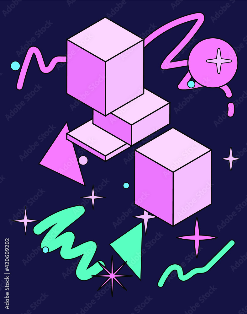 Poster neo-memphis abstract background with geometric shapes. vaporwave and retrowave style.