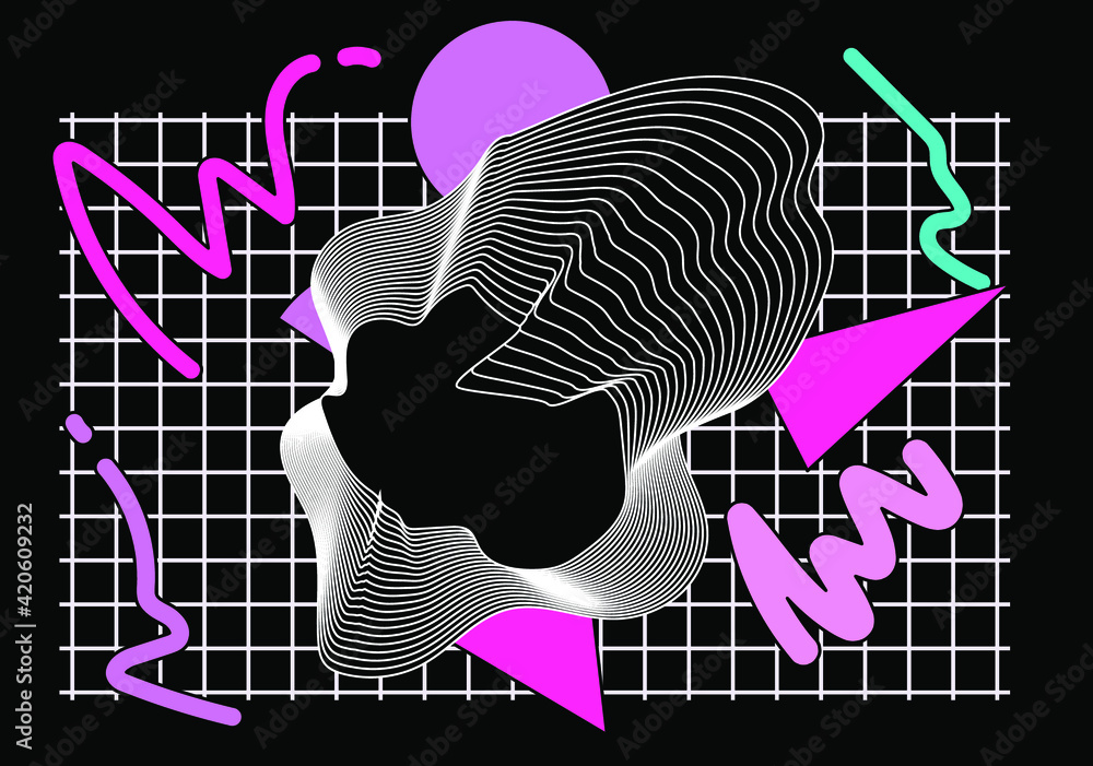 Poster neo-memphis abstract background with geometric shapes. vaporwave and retrowave style.