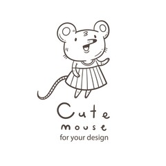 Vector card with  cute cartoon mouse in dress. Doodle animal poster. Funny fashion print. Childrens contour illustration.