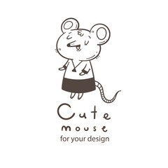 Vector card with  cute cartoon mouse in dress. Doodle animal poster. Funny fashion print. Childrens contour illustration.