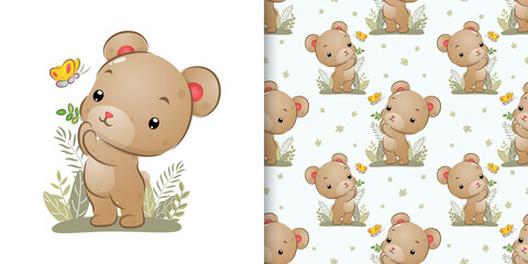 The seamless pattern set of little bear catching the beautiful butterfly in the garden
