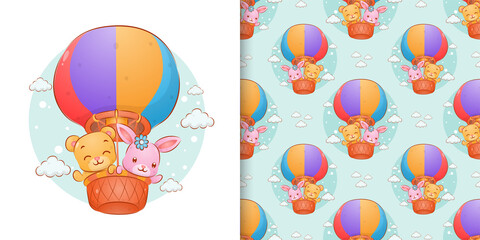 The seamless hand drawn of the bear and the rabbit floating with the gas balloons