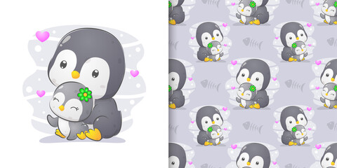 The seamless pattern of the penguin with her baby sitting full of love