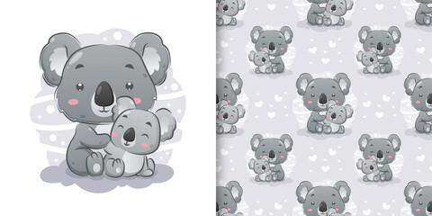 The koala sitting and posing near the baby koala in the pattern set