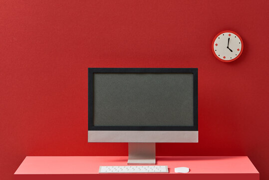 Home creative office interior with stylish photographer supplies and computer display