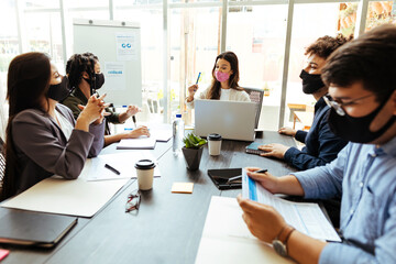Business team wearing protective masks while meeting in the office during the COVID-19 epidemic