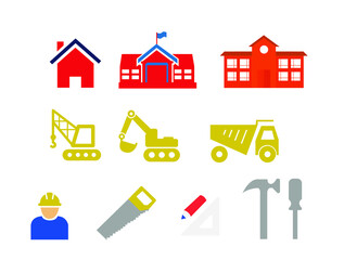Iconos de construcci&oacute;n, obreros, casa y herramientas