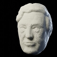 3D model of old men's head on a black background, pixel art