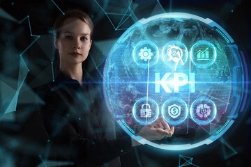Business, technology, internet and network concept. Young businessman thinks over the steps for successful growth: KPI
