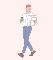 Businessmen having coffee break vector concept. Businessman drinking hot coffee and read newspaper. Flat vector illustration