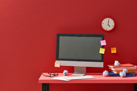 Modern workplace interior with computer on table. Space for text