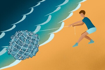 Man collection beach pollution