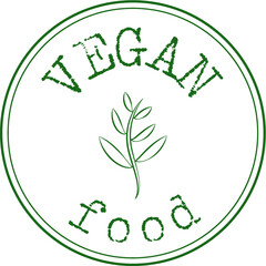 Vegan food inscription with bunch leaves in circle. Green leaf label sticker stamp for cards, posters, banners design. Vegetarian, vegan dishes.  Vector illustration
