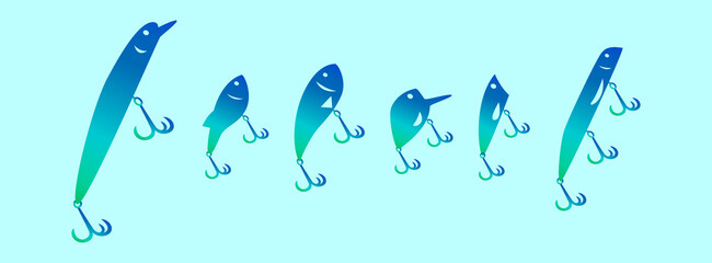 set of fishing lure cartoon icon design template with various models. vector illustration isolated on blue background