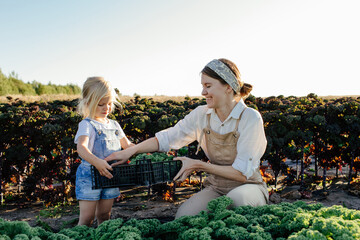 Happy farmer with kid harvesting kale in field