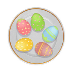 Image top view of drawn colorful easter eggs on a plate on white isolated background