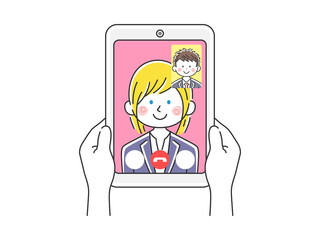 タブレットPCでビデオ通話をする白人ビジネスウーマンのイラスト