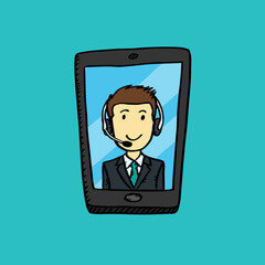 Video conversation with brown hair customer service employee on mobile screen. Cartoon style vector, colorful illustration of mobile phone. 