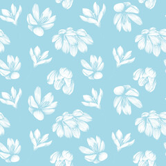 Saffron seamless pattern. Crocus flower on a blue background pattern. Hand-drawn vector illustration