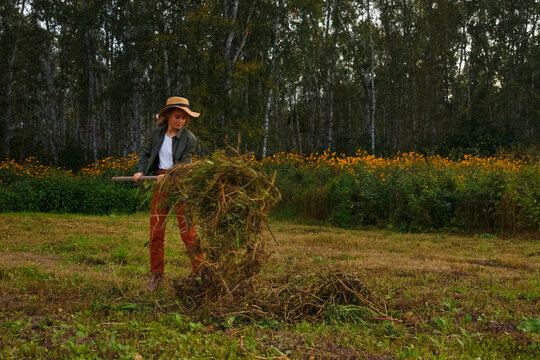 Female farmer removing grass from field