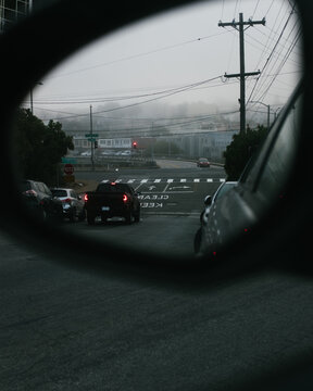 Foggy City From Rear View Mirror