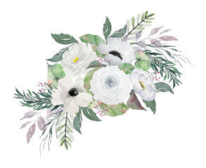 Vintage white flowers bouquet with green leaves painting watercolor illustration artwork	