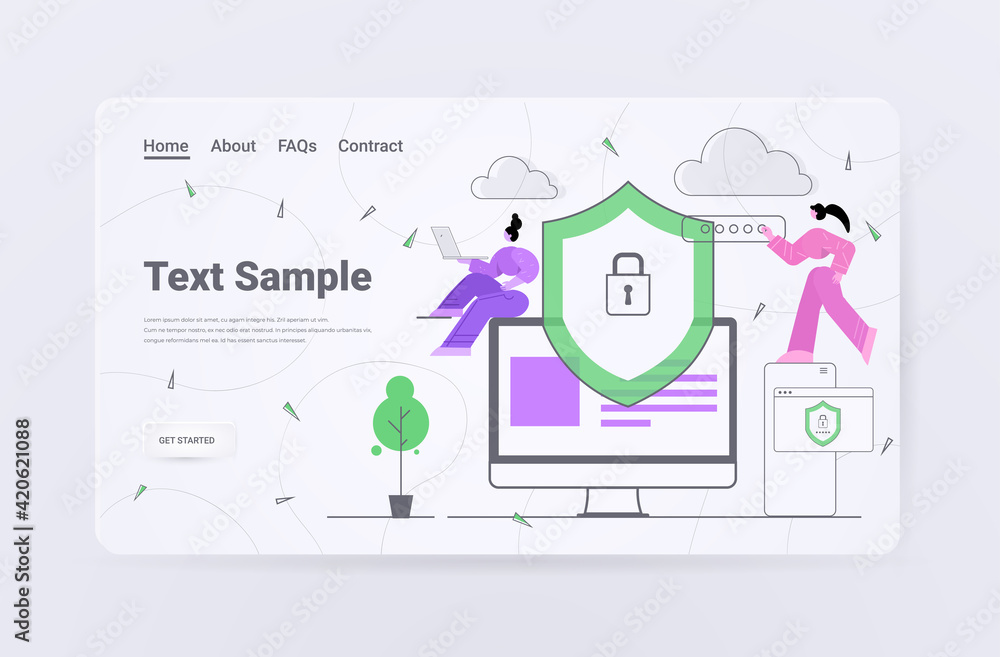 Poster businesspeople using computer app protection shield with padlock data security concept horizontal