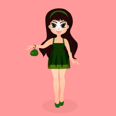 Doll - glamorous girl in the green dress on a pink background. Vector illustration.