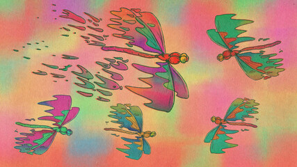 Dragonfly flying on colorful background Illustration