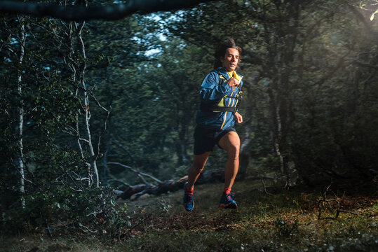 Middle aged man go for a trail run in a forest