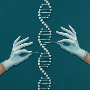 Scientists, researchers or geneticists examine a DNA molecule and try to change its structure.