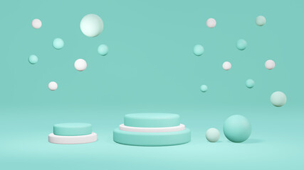 pastel mint green and white product stage with cylinder podium decorated with balls, minimal stand pedestal display background, geometry shapes, mockup scene, 3d rendering illustration