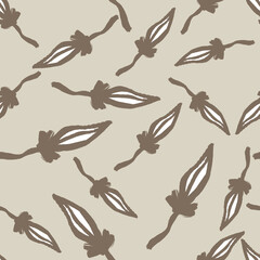 Geometric style seamless pattern with grey colored leaves elements. Pastel background. Doodle style.