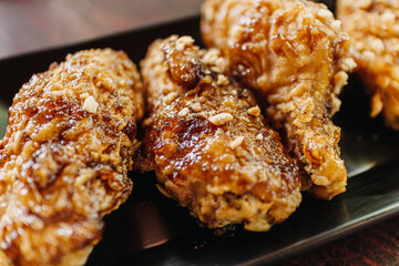 Close up of homemade crispy Korean fried chicken served on a black long dish.