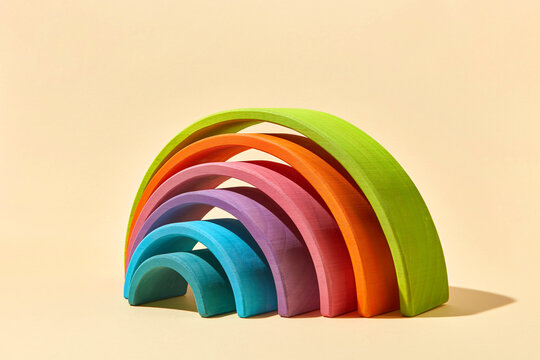 Colorful creative labyrinth from wooden hemispheres.