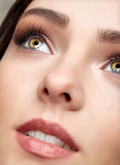 Naklejka premium Closeup shot of human female face. Woman with natural face and eyes beauty makeup.