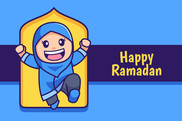 happy Ramadan cartoon muslim hijab girl jump 