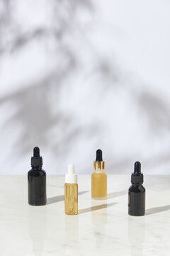 Cosmetic set from bottles with lotion, crem and balm.