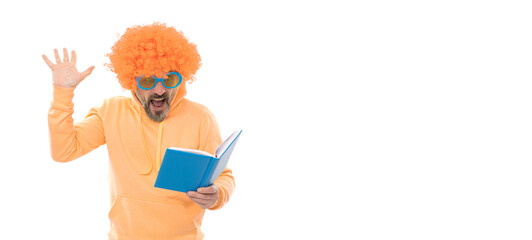 Crazy teacher read school book for literature lesson, teaching, copy space