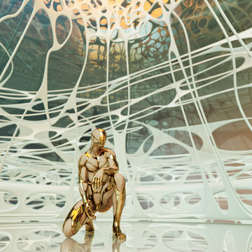 Human forms with futuristic biomechanical suits