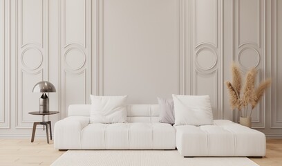Mockup de pared de sala clásica con sofá blanco