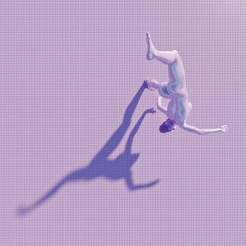 CGI acrobatic leaping woman with shadow making pattern on geometric background
