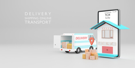 Online Shop Global logistic truck van delivery on smartphone to home.3d rendering