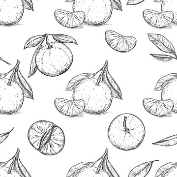 Mandarin, tangerine seamless pattern on white background. Vector illustration of fruit in cartoon simple flat style.