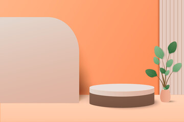 minimal scene with geometrical forms. Cylinder podiums in cream background with paper leaves on column. Scene to show cosmetic product, Showcase, shopfront, display case. 3d vector illustration.